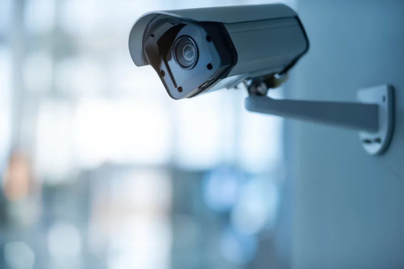 Surveillance camera mounted on a wall in an indoor office setting with blurred background