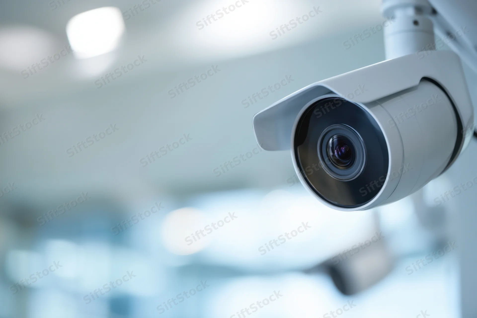 White surveillance camera mounted on wall in indoor setting with blurred background