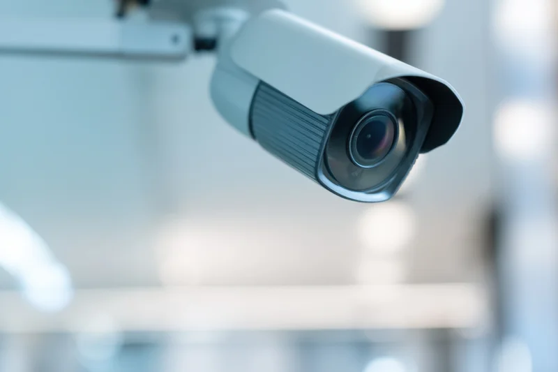 Surveillance camera mounted on wall in indoor setting with blurred background