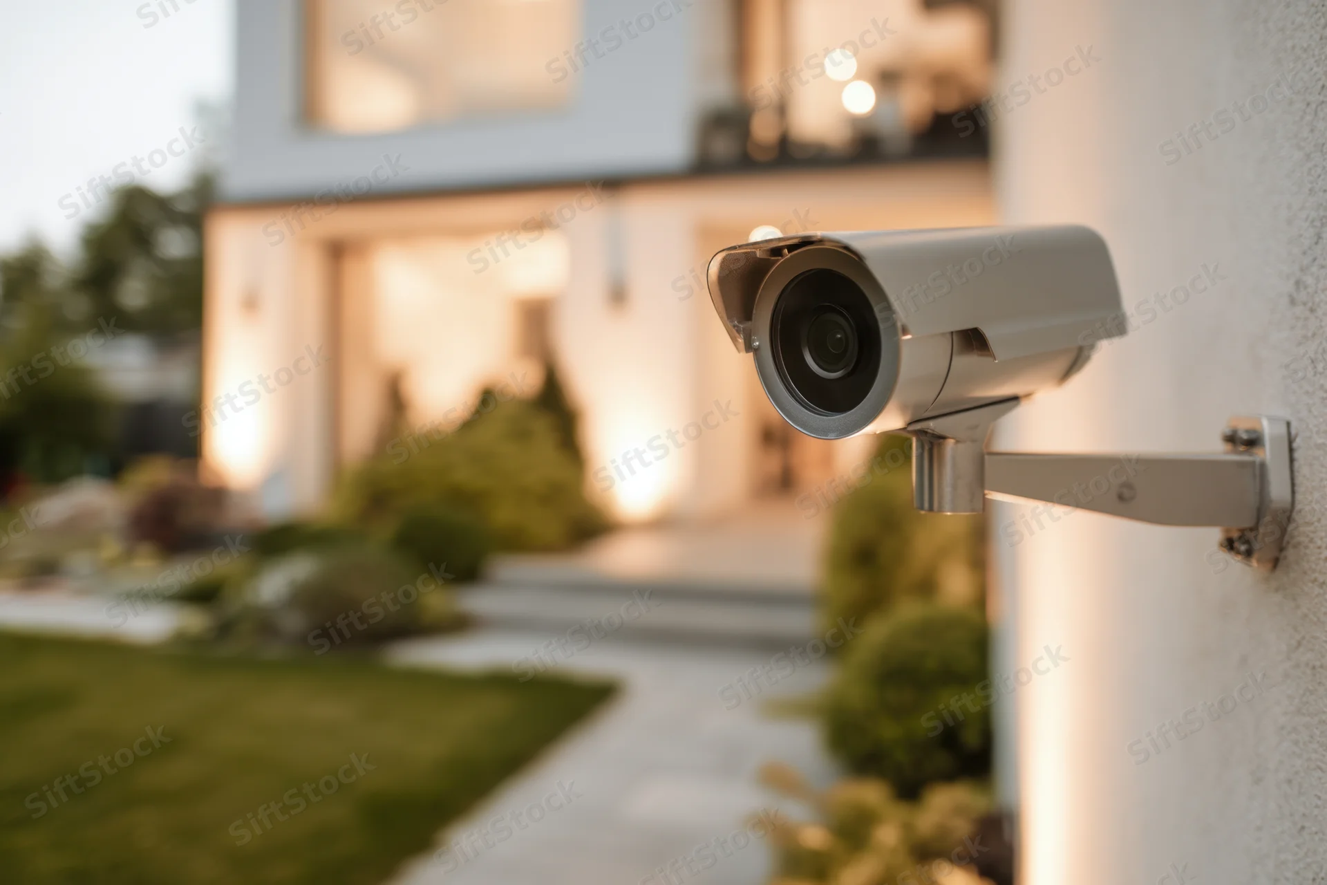 Surveillance camera mounted on the exterior wall of a modern home overlooking a lit garden pathway at dusk