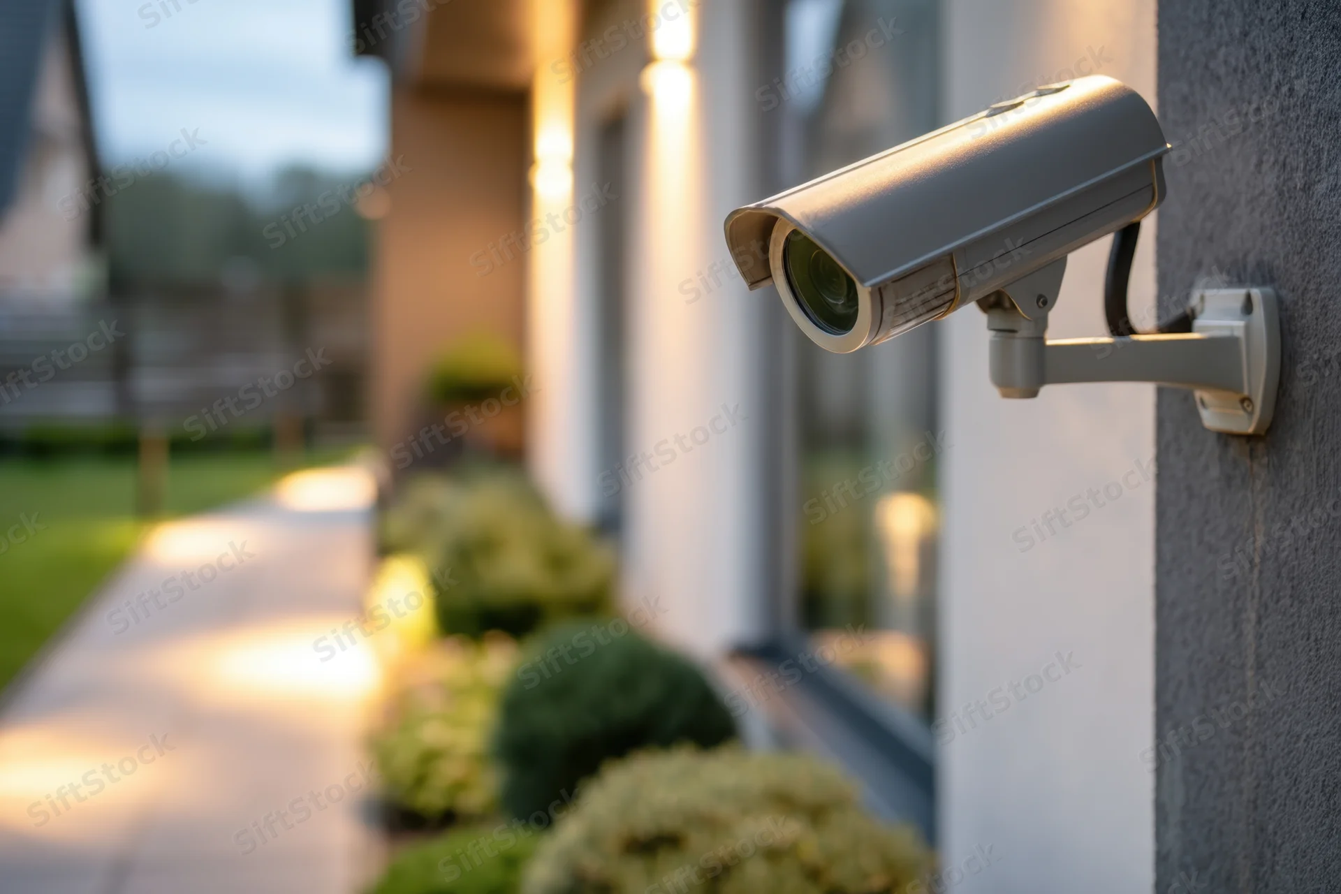Surveillance camera mounted on the exterior wall of a modern home near a lit pathway and garden