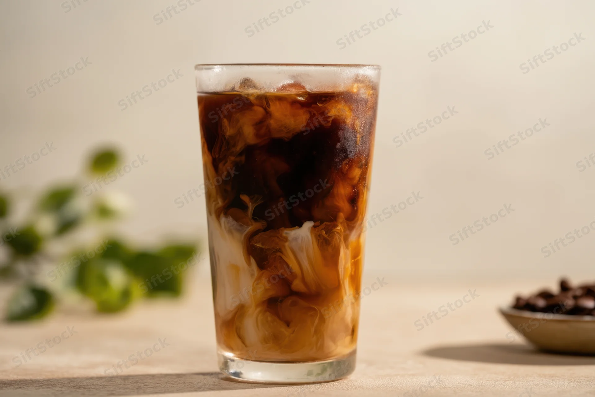 Tall glass of iced coffee with cream swirls on a table near mint leaves and coffee beans