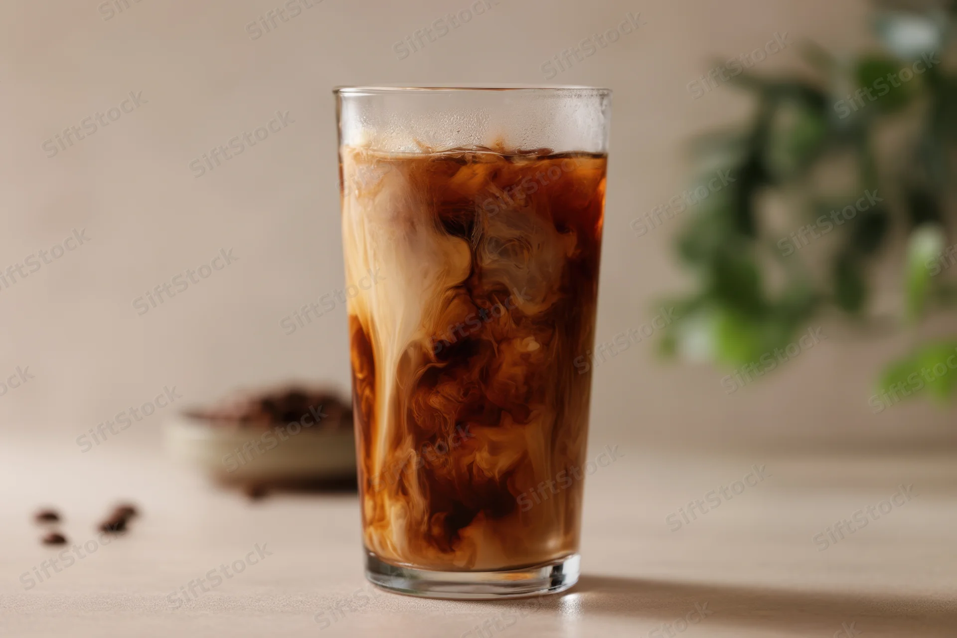 Tall glass of iced coffee with swirling cream on a neutral surface