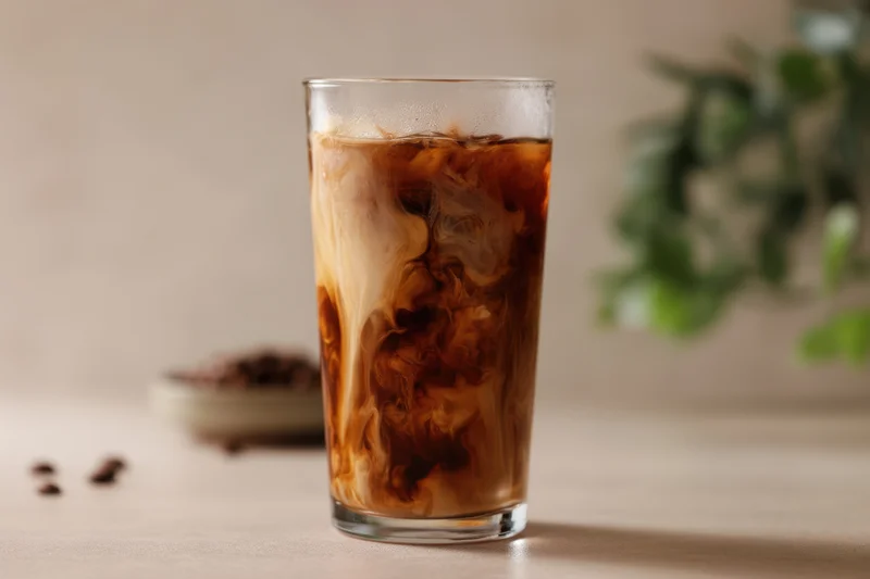 Tall glass of iced coffee with swirling cream on a neutral surface