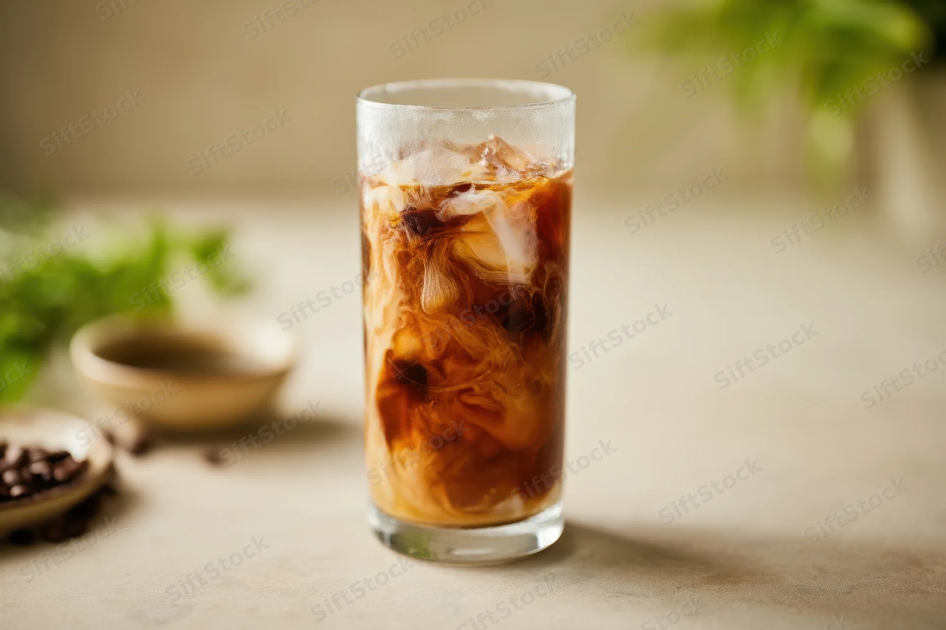 Tall glass of iced coffee with cream swirl and ice cubes on a countertop