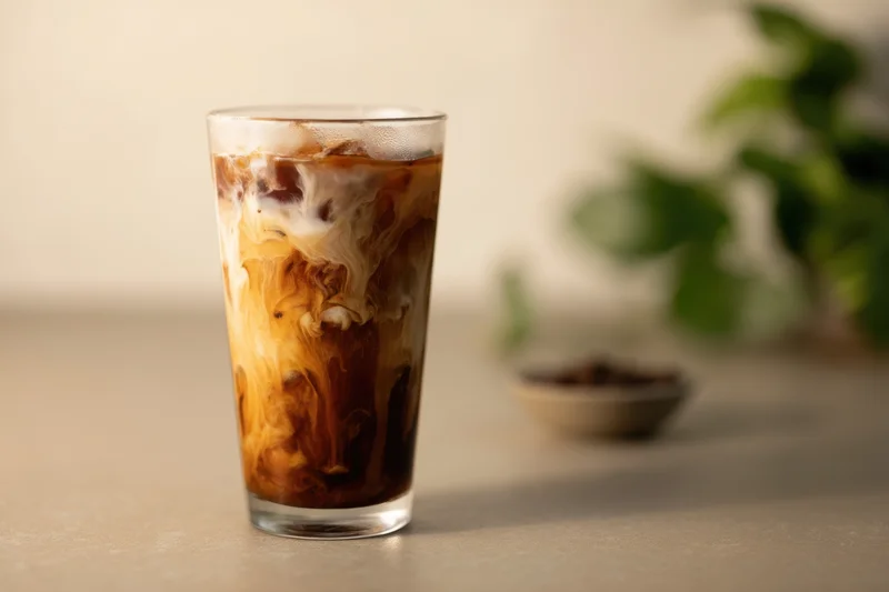 Tall glass of iced coffee with creamy swirls on a tabletop