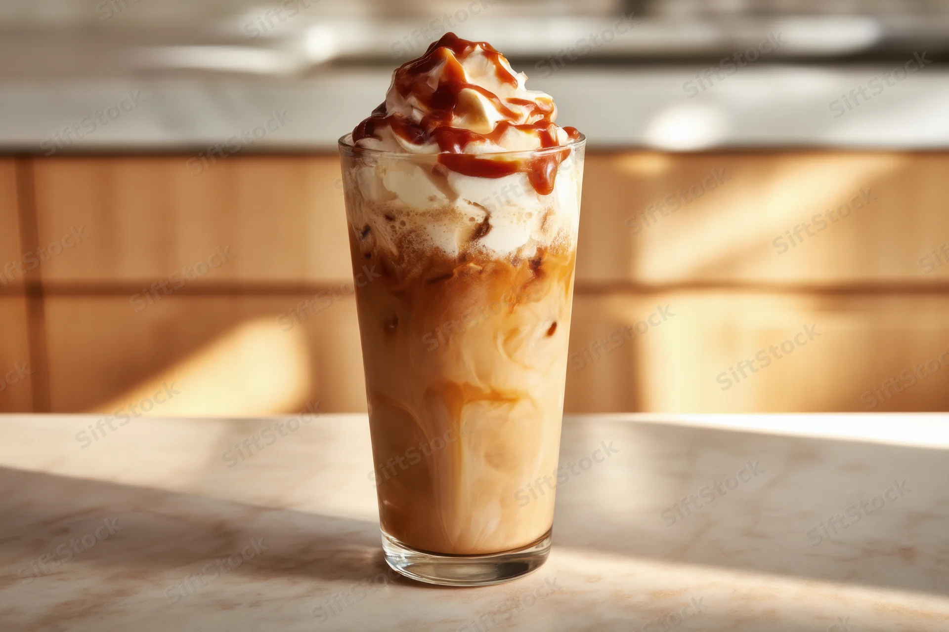 Tall glass of iced coffee with whipped cream and caramel drizzle on marble countertop in sunlit cafe interior