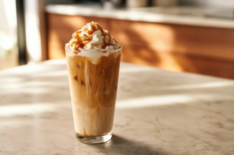 Tall glass of iced coffee with whipped cream and caramel drizzle on a marble countertop in sunlight