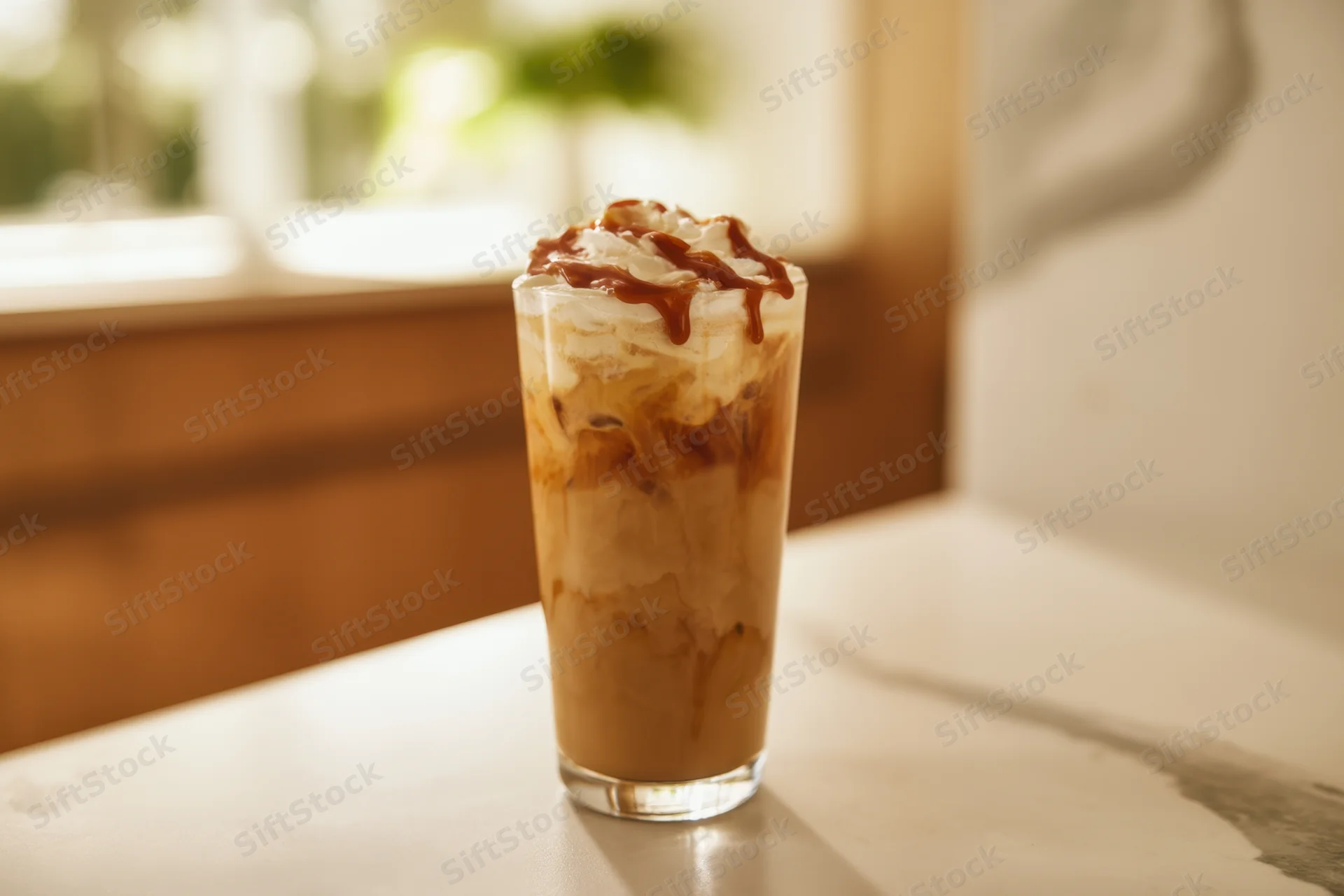 Tall glass of iced coffee with whipped cream and caramel drizzle on a marble countertop near a window