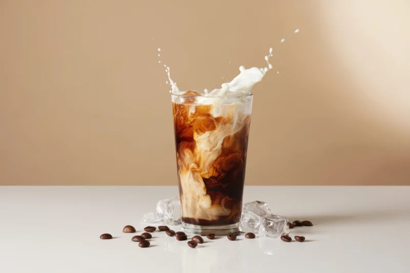 Tall glass of iced coffee with cream swirling and splashing, surrounded by ice cubes and coffee beans on a white surface