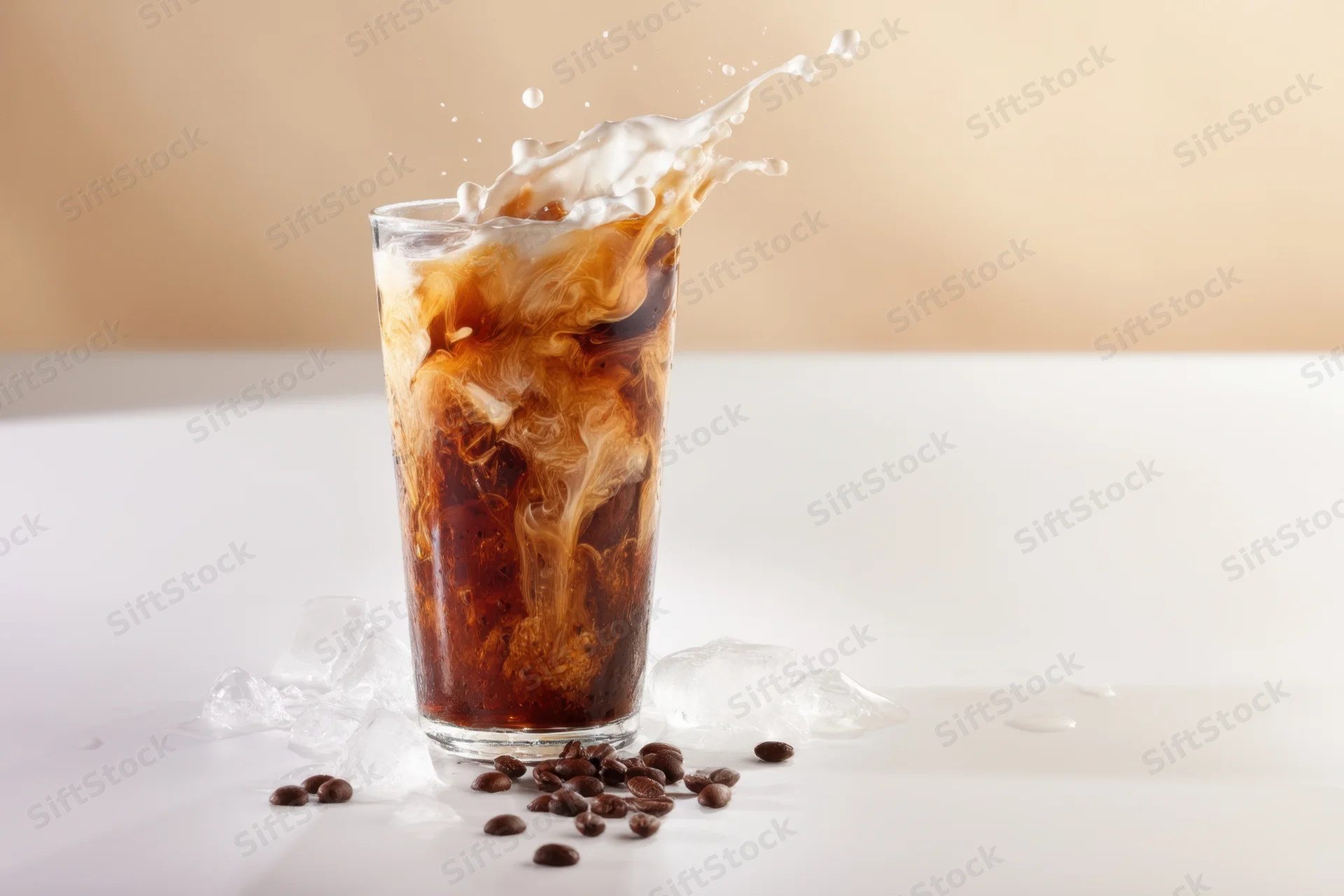 Tall glass of iced coffee with cream swirling and splashing, surrounded by coffee beans and ice cubes on white surface