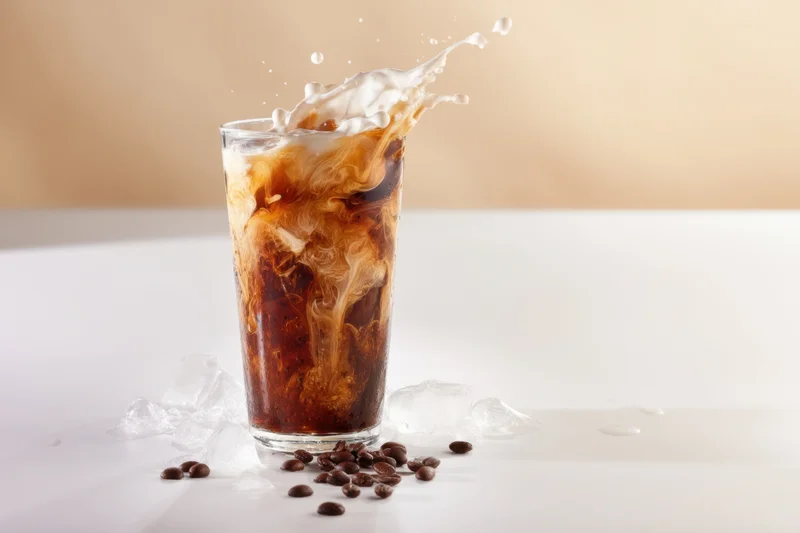 Tall glass of iced coffee with cream swirling and splashing, surrounded by coffee beans and ice cubes on white surface