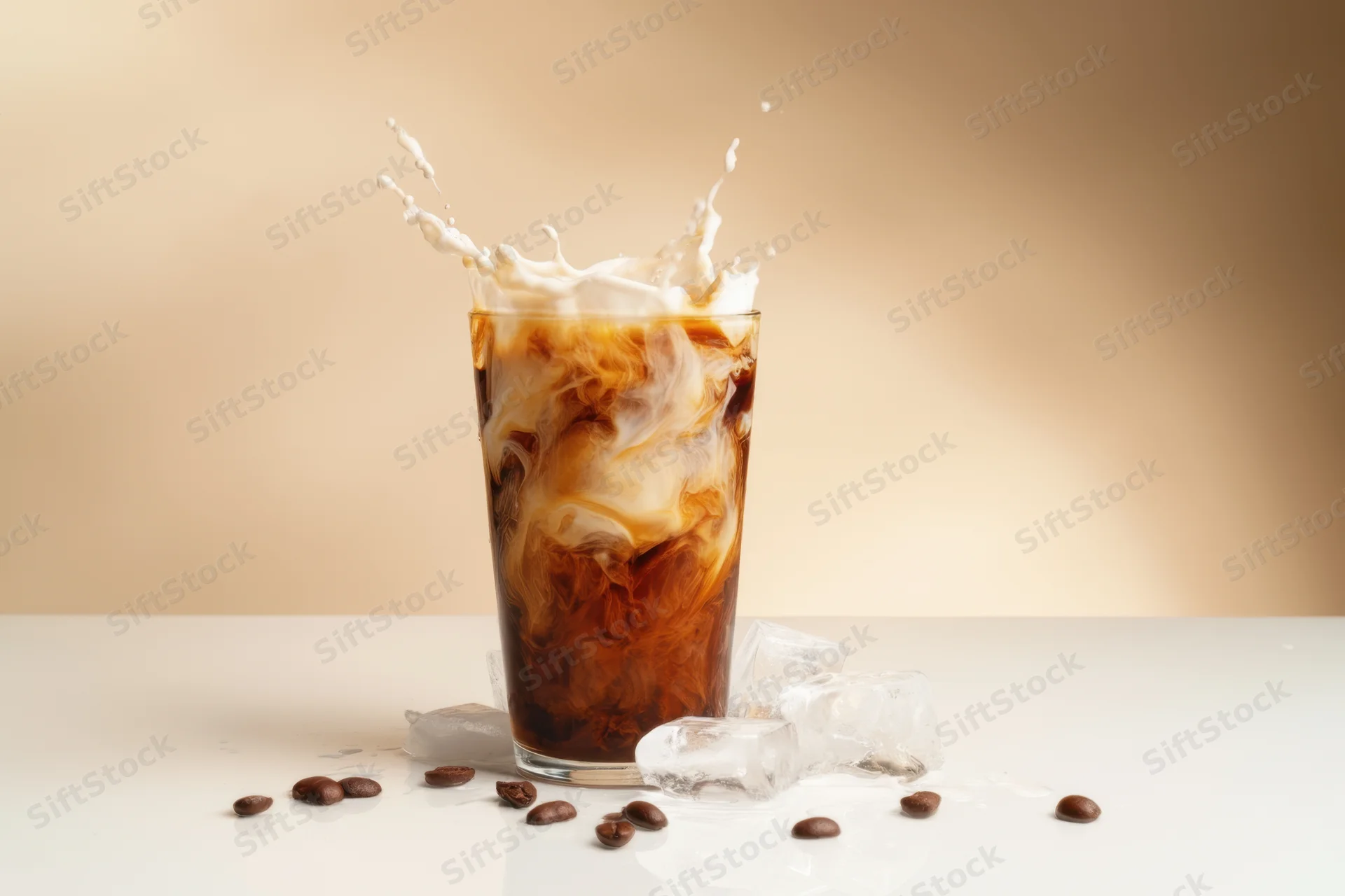 Tall glass of iced coffee with cream swirling and splashing on white surface