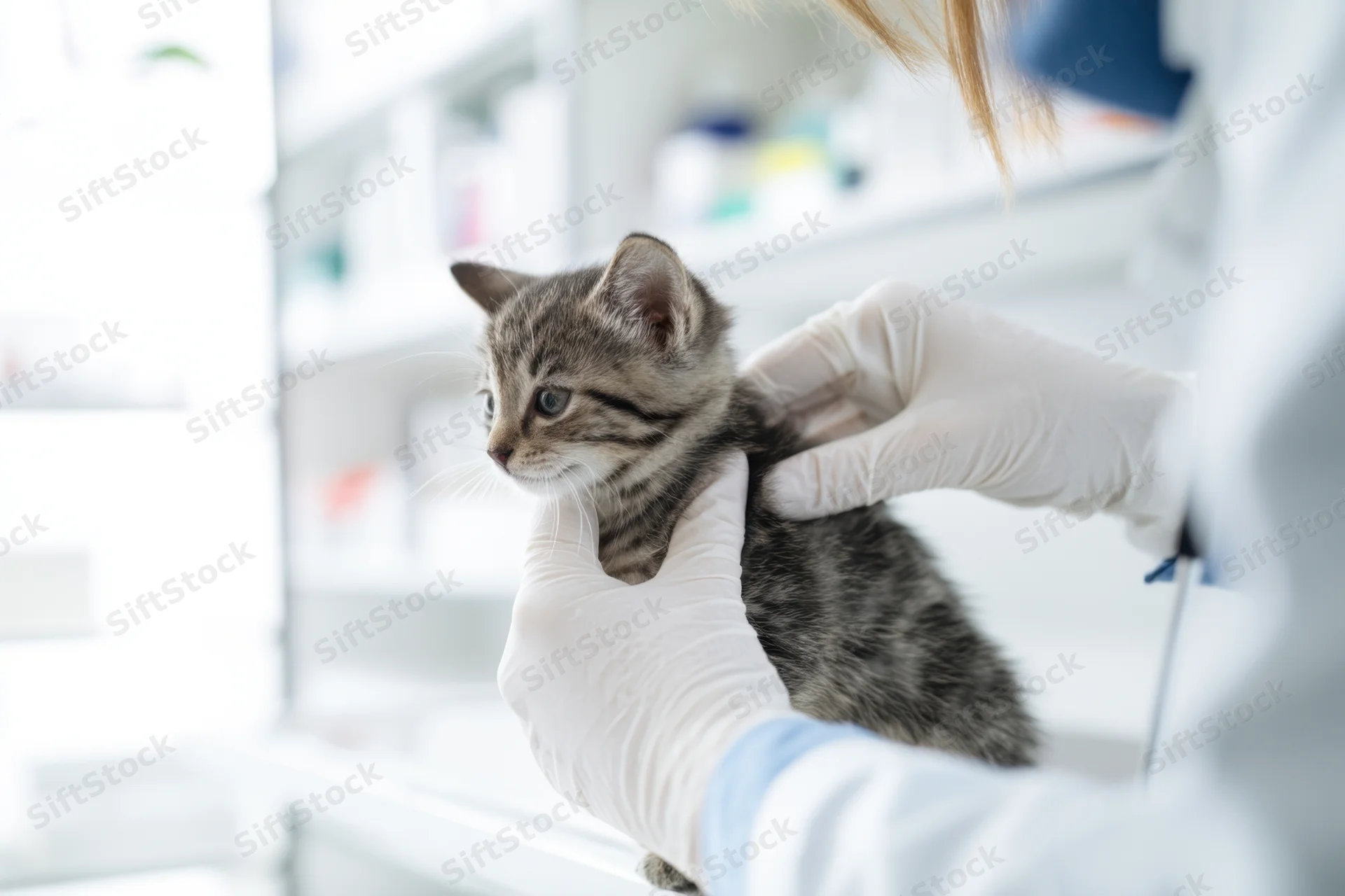 Veterinarian administering vaccination to small striped kitten in clinic