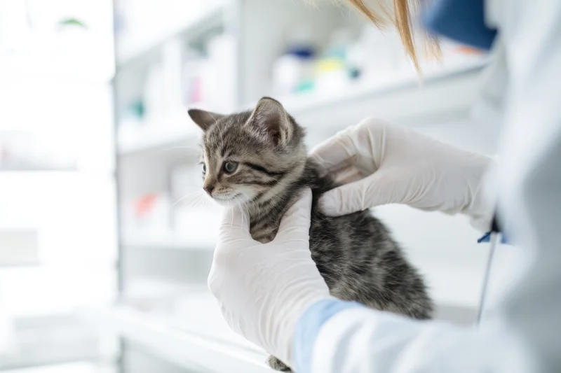Veterinarian administering vaccination to small striped kitten in clinic
