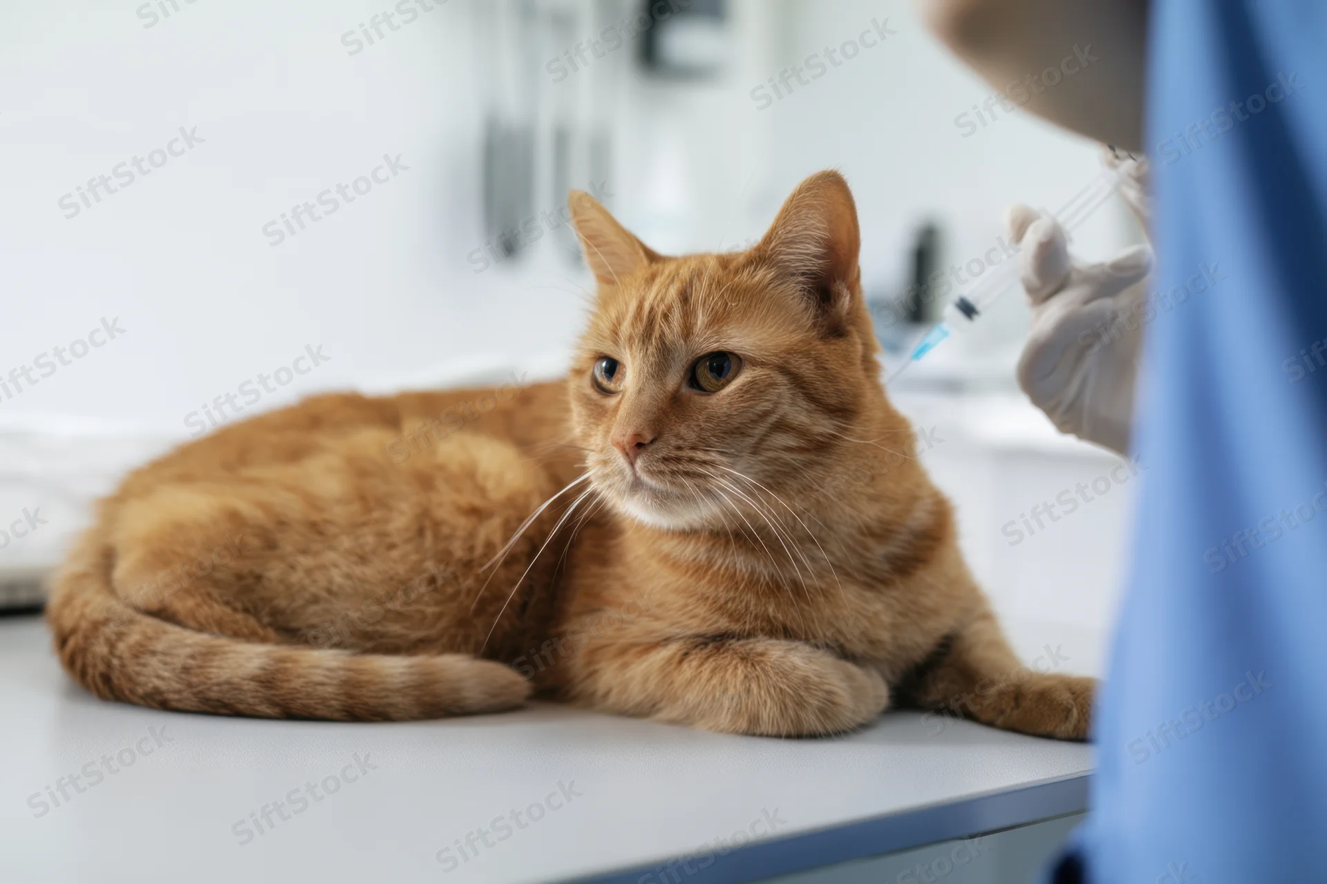 Orange cat receiving injection from veterinarian on exam table in clinic