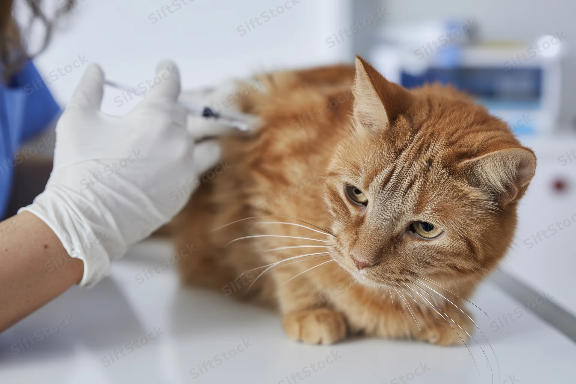 Veterinarian administering injection to orange cat in clinic