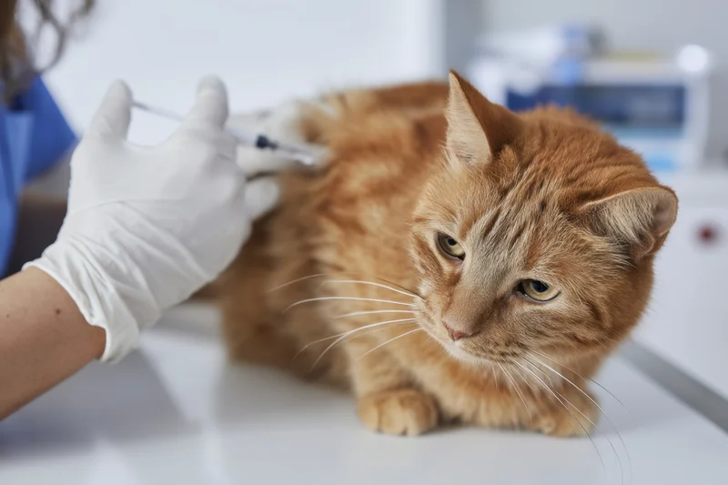 Veterinarian administering injection to orange cat in clinic