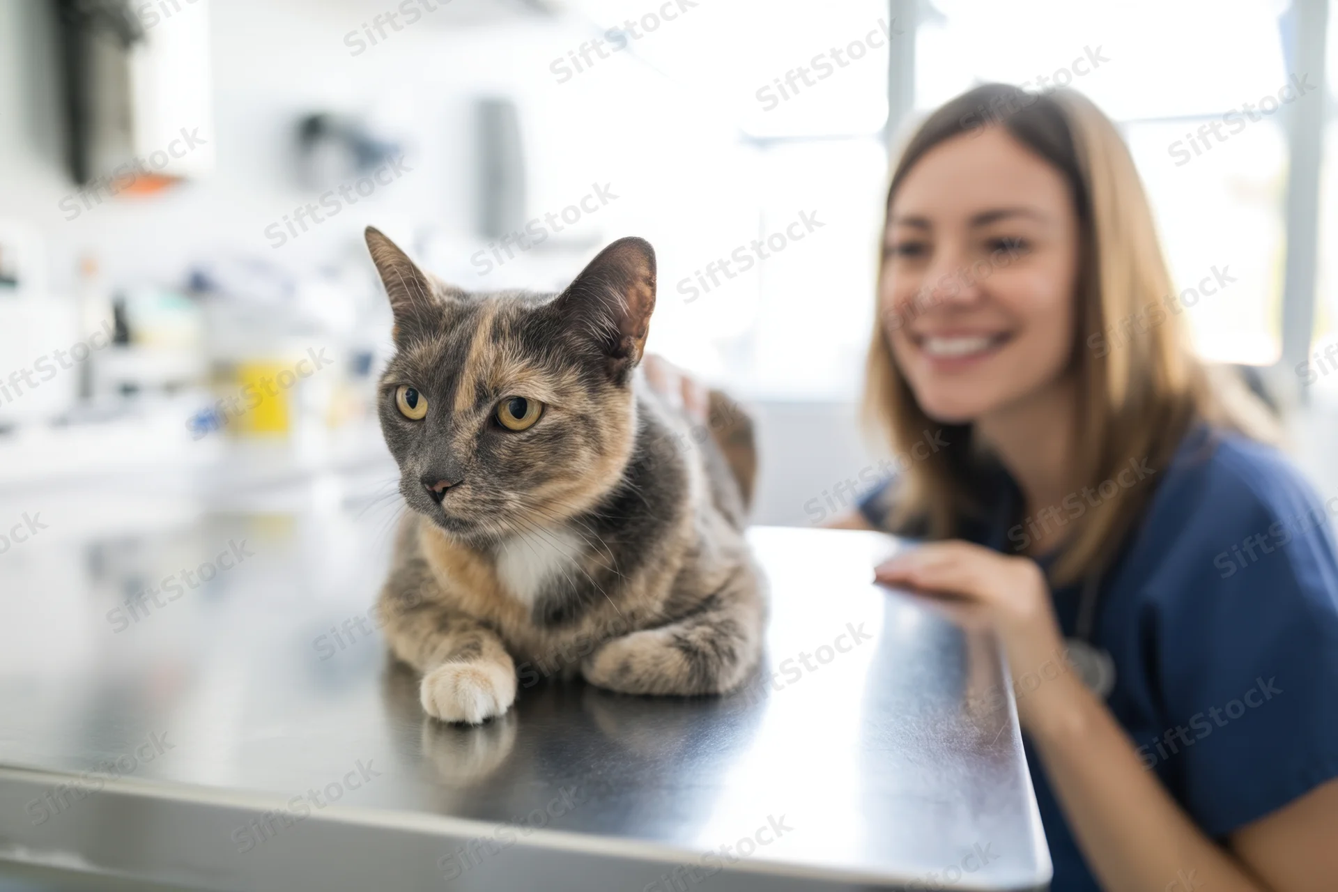 Calico cat lying on stainless steel table during veterinary examination with smiling veterinarian in blue scrubs
