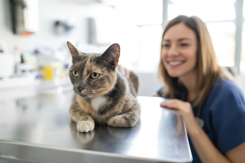Calico cat lying on stainless steel table during veterinary examination with smiling veterinarian in blue scrubs