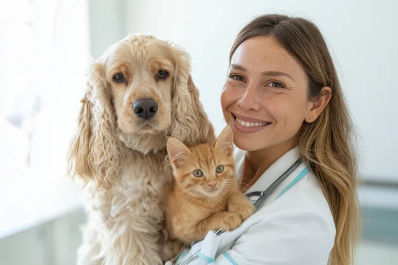 Veterinarian holding a cocker spaniel dog and an orange kitten in a clinic