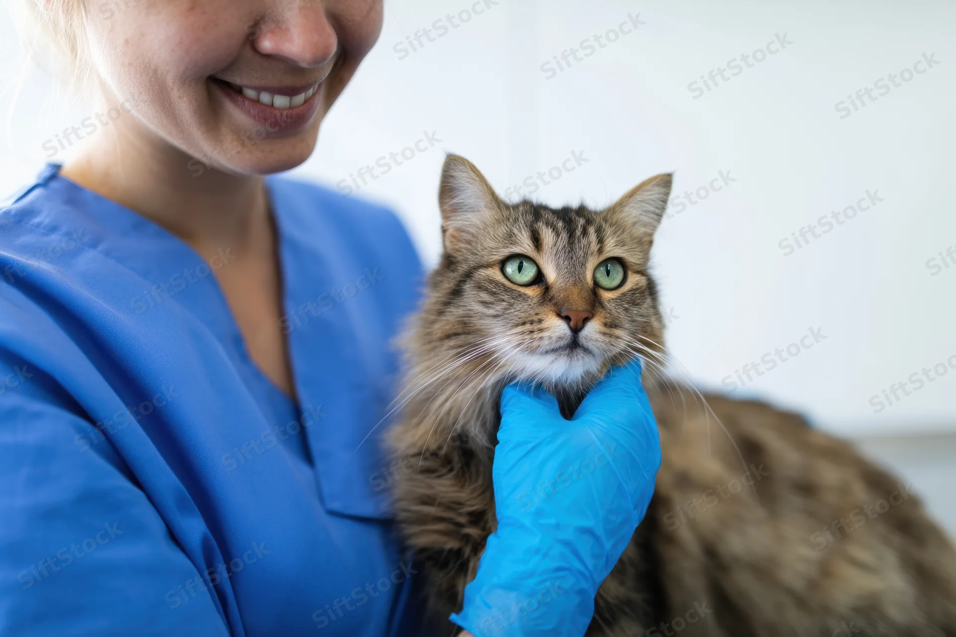 Veterinarian holding a fluffy tabby cat during examination in a clinic