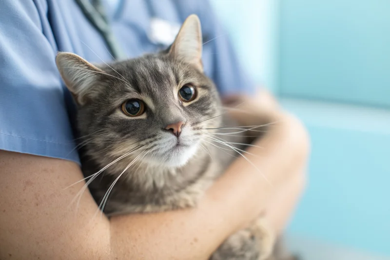 Veterinarian holding gray tabby cat in clinical setting