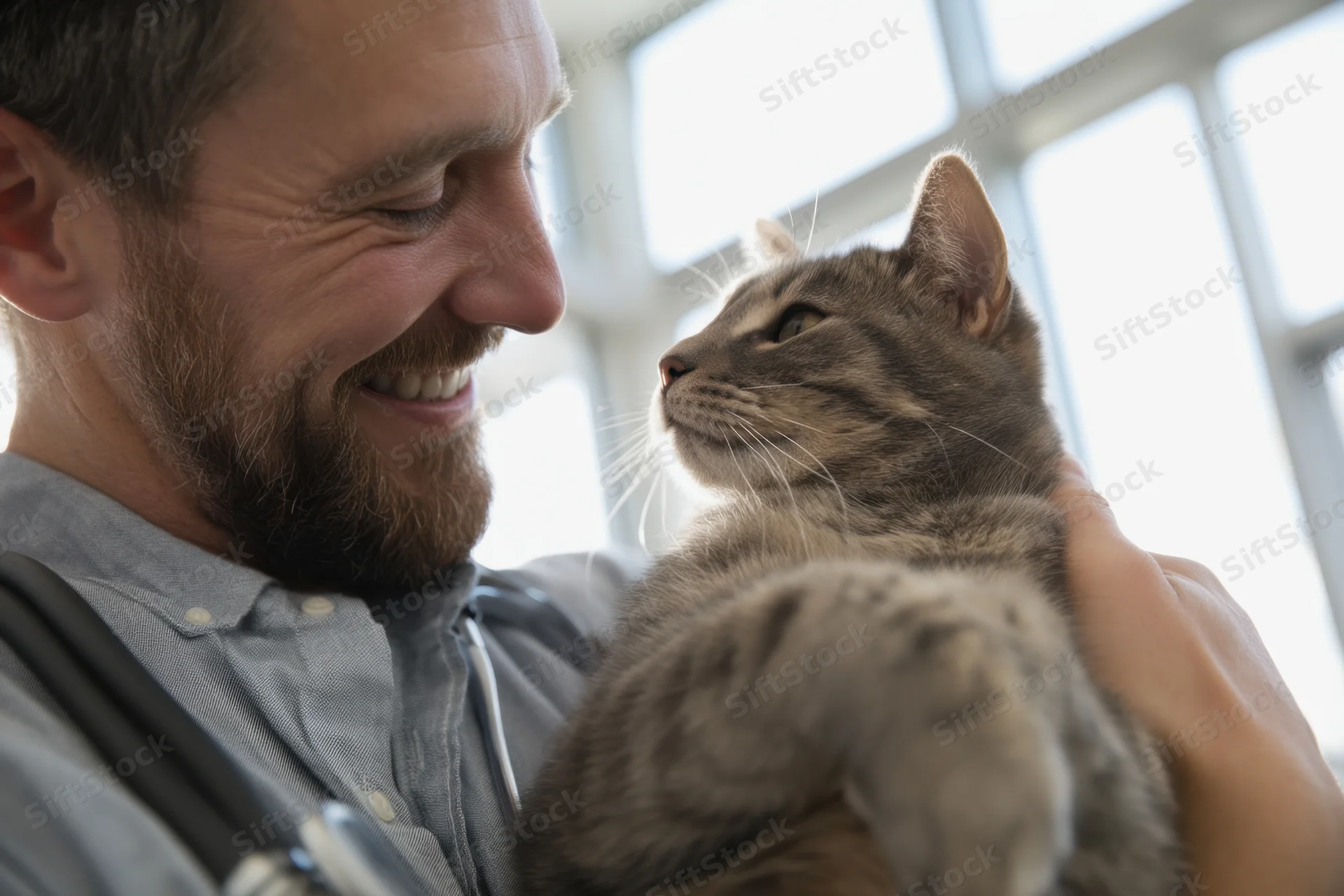 Veterinarian holding gray tabby cat while smiling in clinic