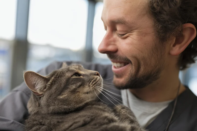 Veterinarian holding gray tabby cat, smiling while petting it indoors