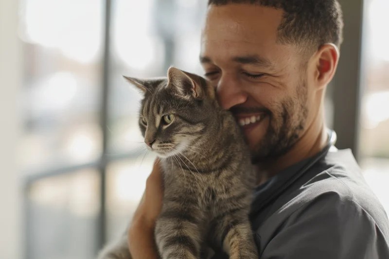 Man holding gray tabby cat close to his face indoors near window