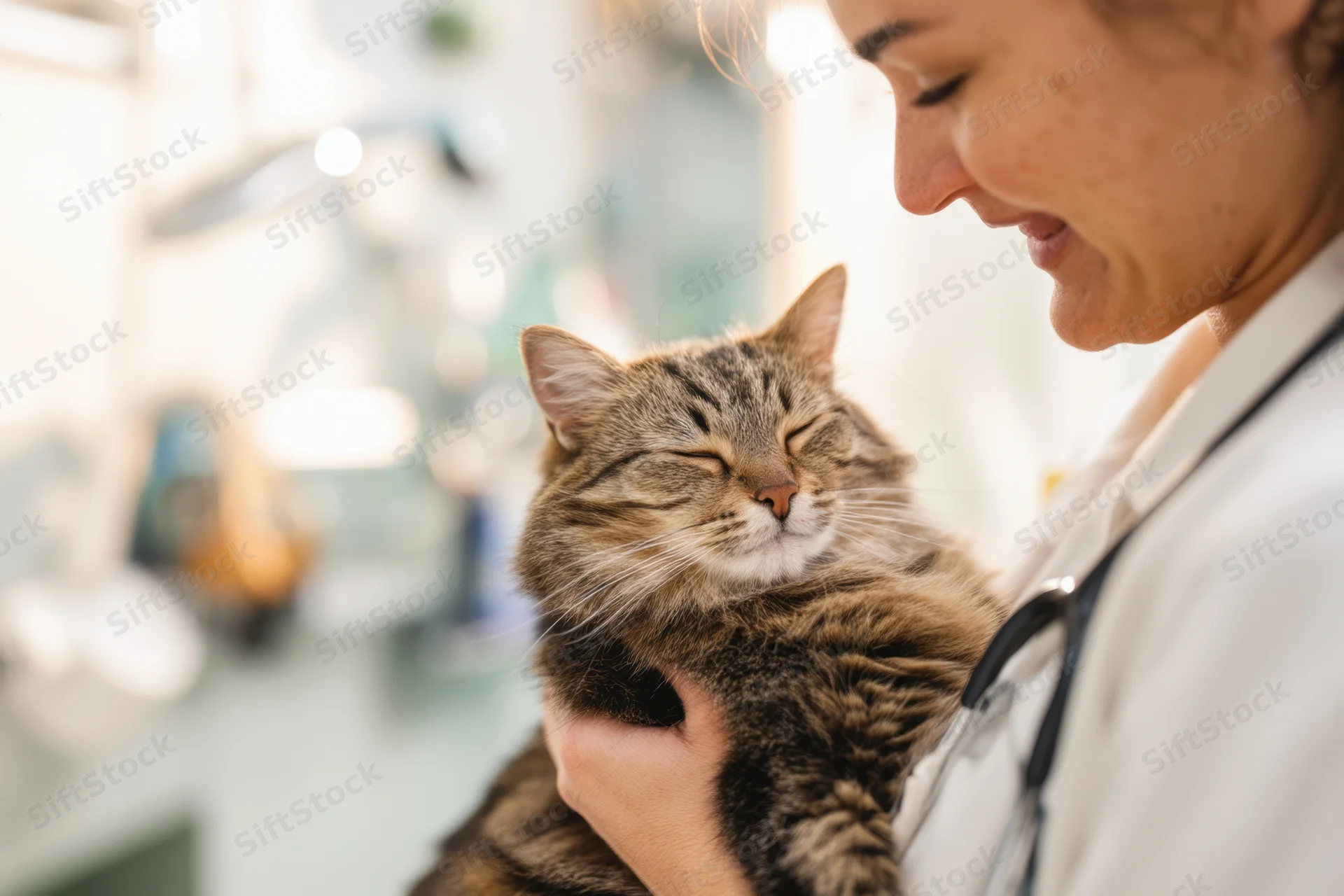 Veterinarian holding a relaxed tabby cat in a clinic setting