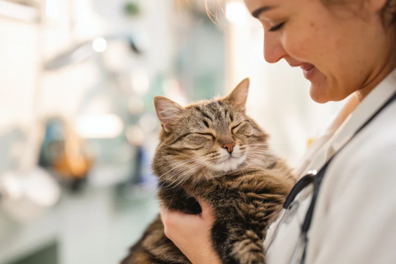 Veterinarian holding a relaxed tabby cat in a clinic setting