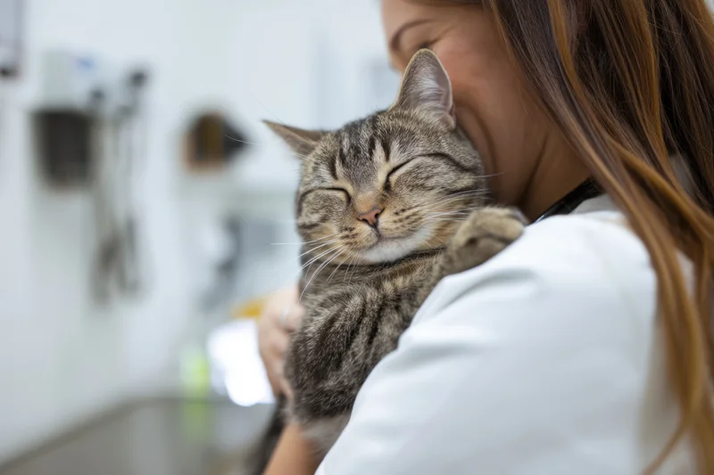 Veterinarian holding a relaxed tabby cat in a clinic setting