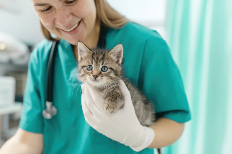 Veterinarian holding small tabby kitten in clinic, smiling while wearing scrubs and gloves