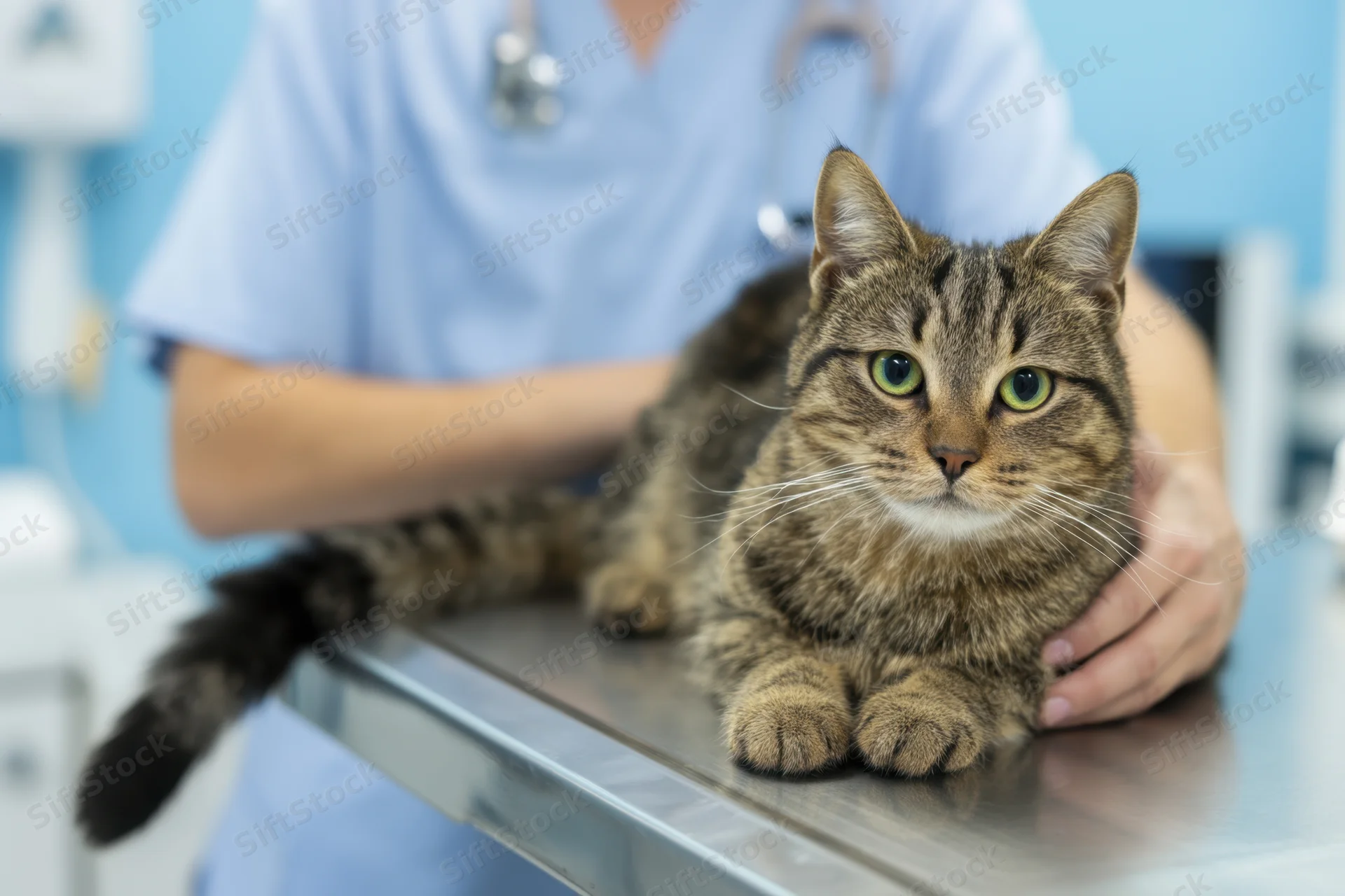 Tabby cat lying on examination table with veterinarian in scrubs holding it in clinic