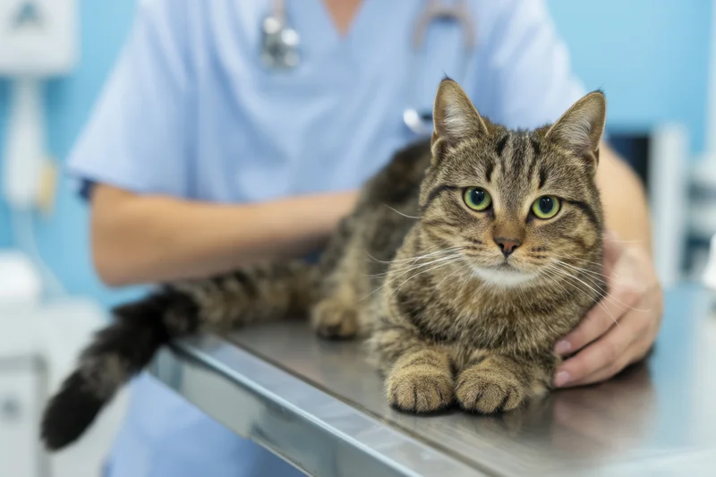 Tabby cat lying on examination table with veterinarian in scrubs holding it in clinic
