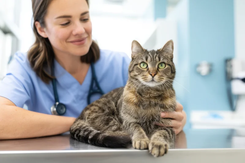 Veterinarian holding striped tabby cat on examination table in clinic