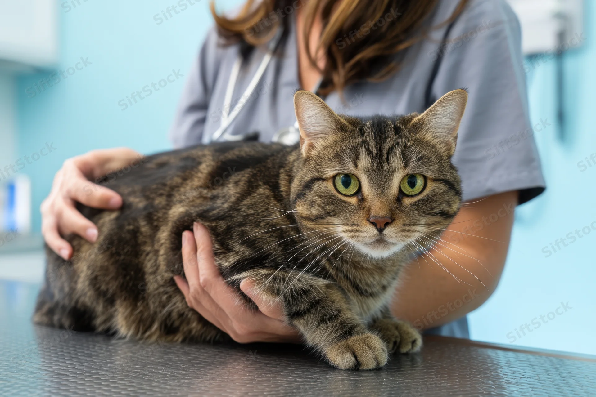 Veterinarian holding striped tabby cat on examination table in clinic