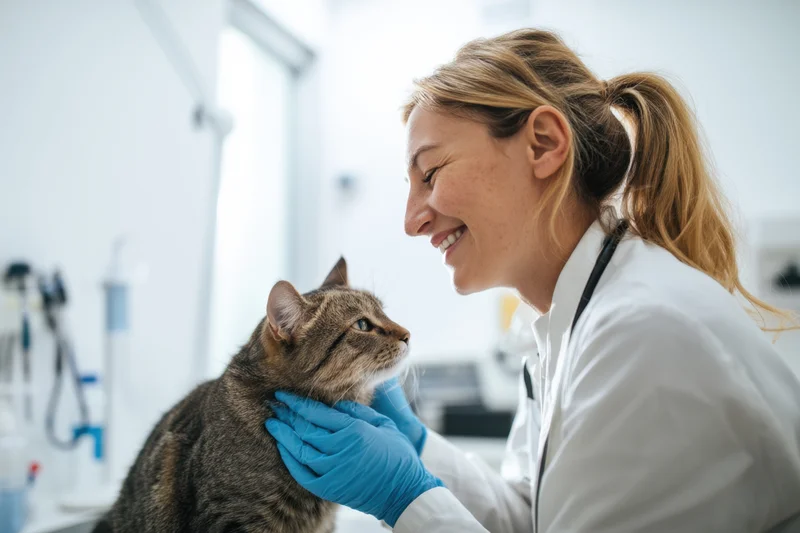 Veterinarian smiling while examining a tabby cat in a clinic