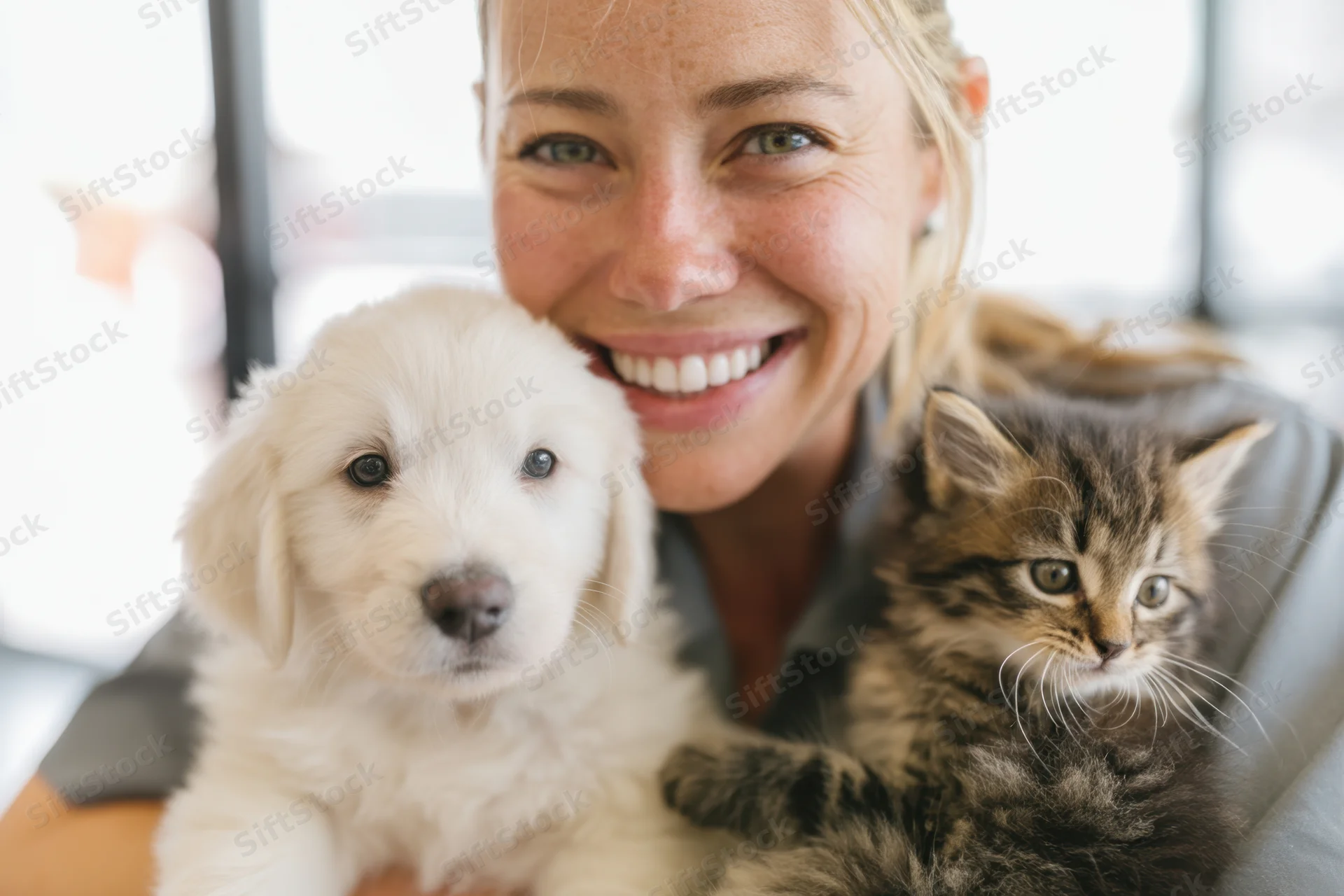 Veterinarian smiling while holding a fluffy white puppy and a tabby kitten indoors