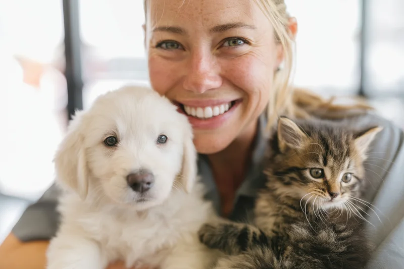 Veterinarian smiling while holding a fluffy white puppy and a tabby kitten indoors