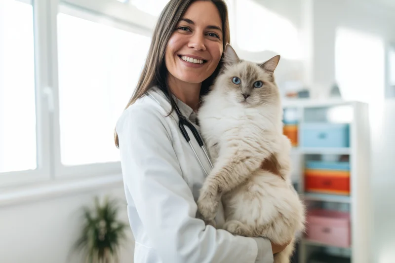 Veterinarian holding a fluffy cat in a bright animal clinic