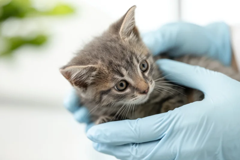 Veterinarian's gloved hands gently holding a small gray tabby kitten during examination