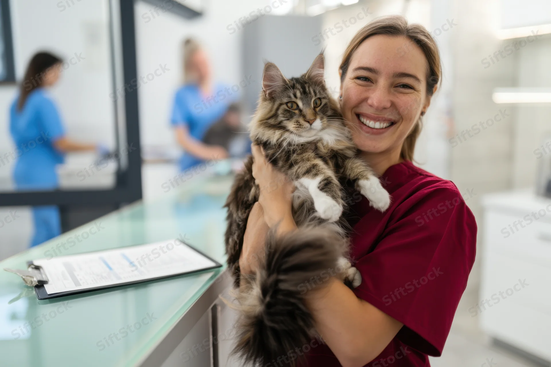 Veterinarian holding a tabby cat in a clinic reception area