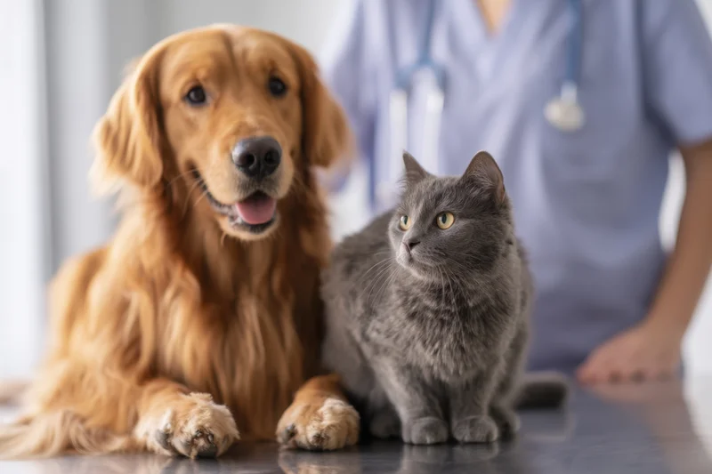 Golden retriever and gray cat sitting on examination table with veterinarian in background