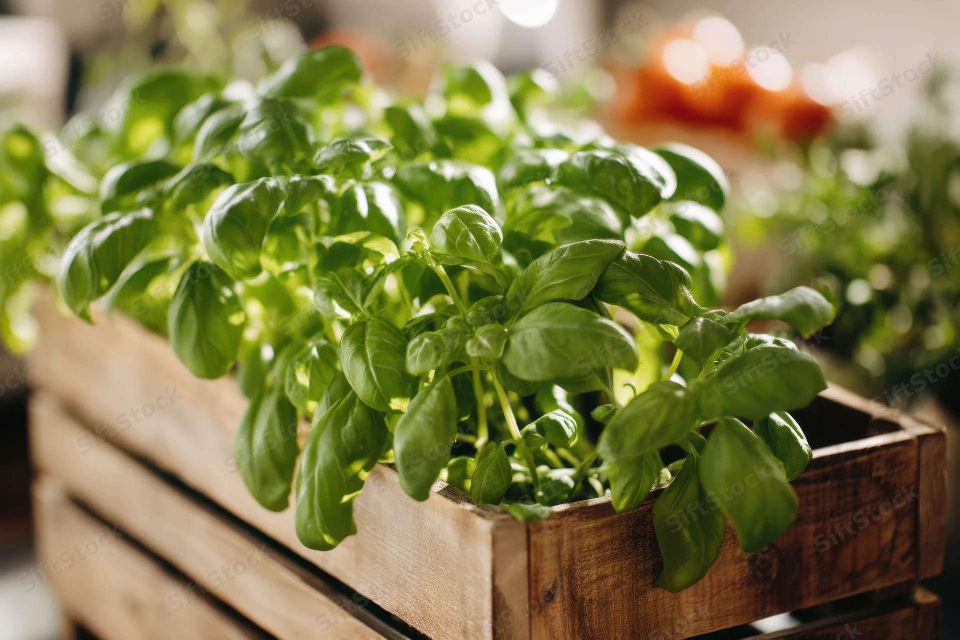 Vibrant basil plant growing in a wooden crate with lush green leaves and soft background blur