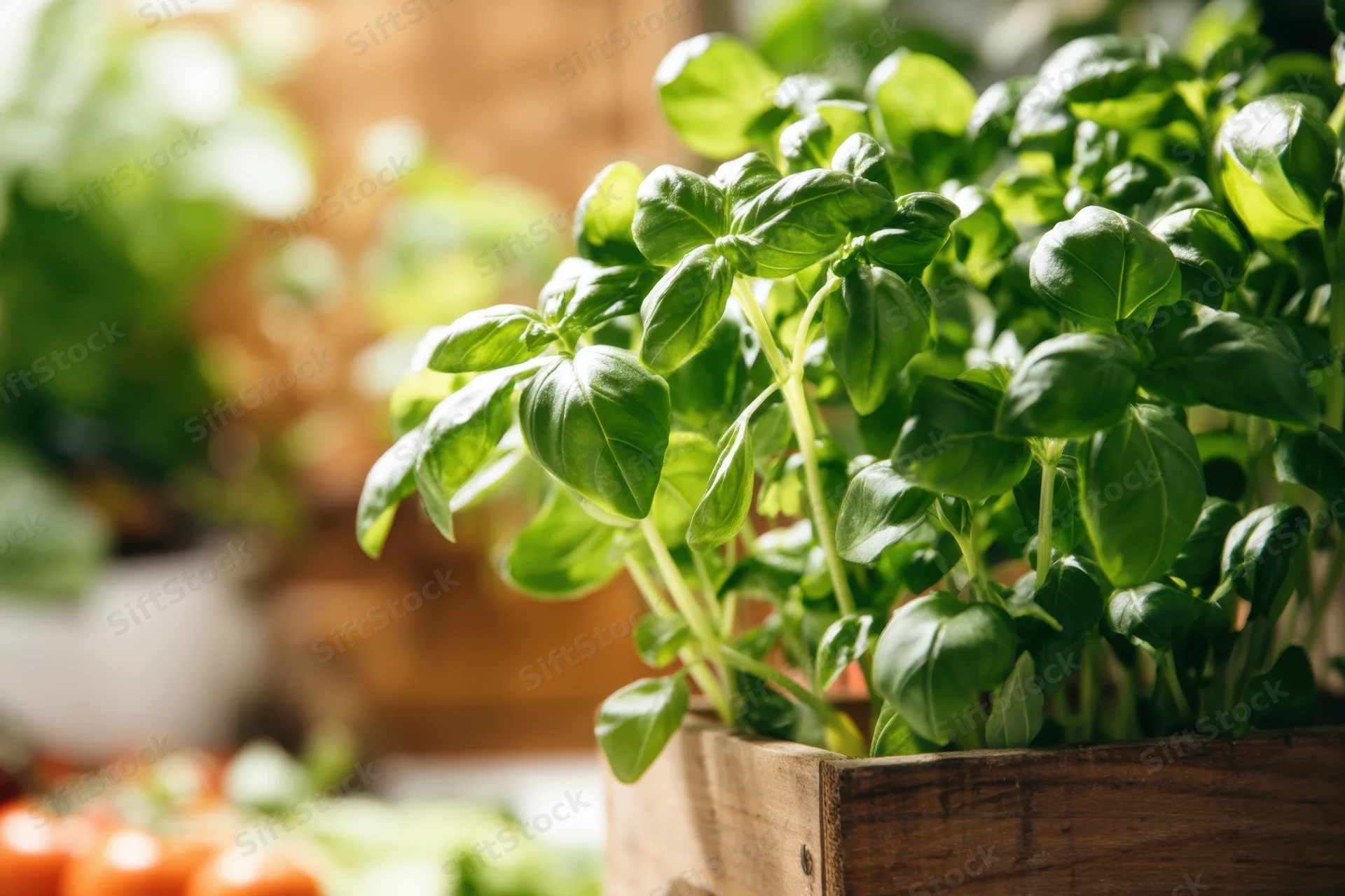 Vibrant basil plant growing in a wooden crate on a kitchen countertop
