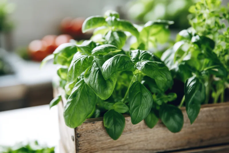 Vibrant basil plant growing in a wooden crate on a kitchen countertop