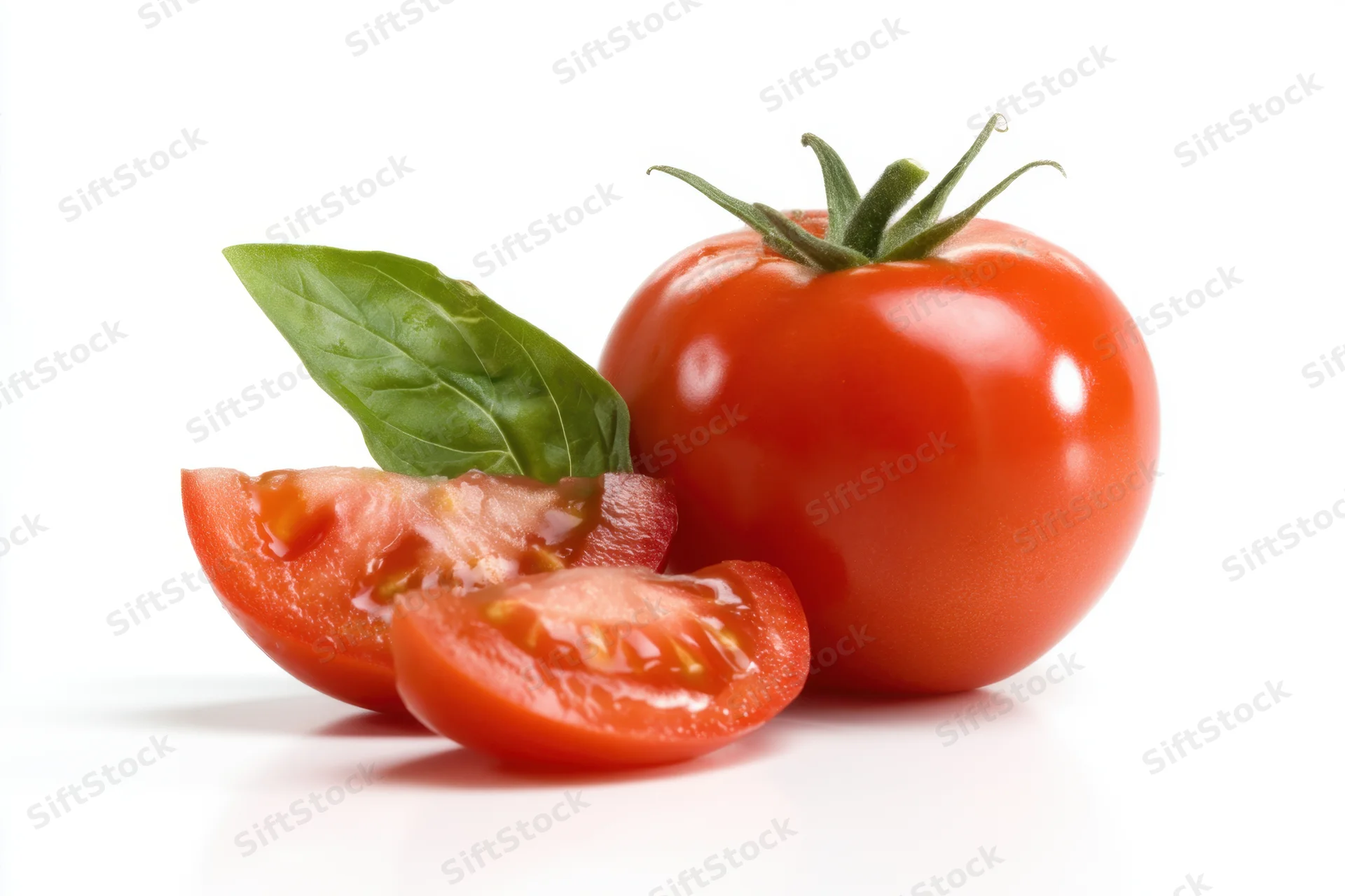 Whole and sliced red tomato with fresh basil leaf on white background