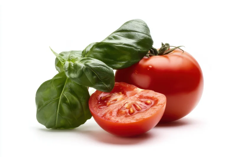A whole red tomato and a sliced half with fresh green basil leaves arranged on a white background
